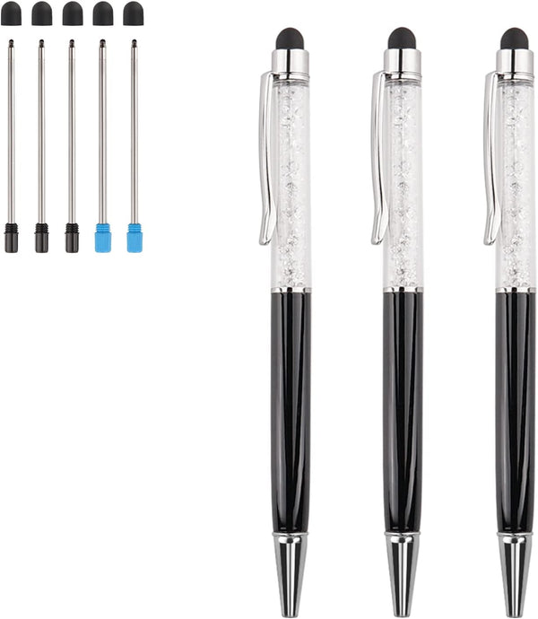 YOUMI 3 pcs 2 in 1 Bling Ballpoint Pens, Crystal Diamond Pen Capacitive Touch Screen Stylus for iPhone iPad (Black)
