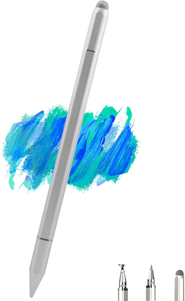 Stylus Pens for iPad, Luntak 3 in 1 Ballpoint Pen, Fiber Tip & Clear Disc Capacitive Stylus for Apple Devices (Silver)