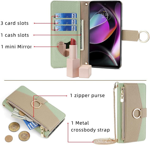 Asuwish Phone Case for Motorola Moto G 5G 2022 Wallet Cover with Screen Protector and Mirror Flip Cover Ring Card Holder Crossbody Strap Stand Cell MotoG G5G 2022 XT2213-3 XT2213-2 Women Girls Green