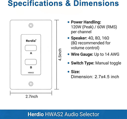 Herdio 2 120W in-Wall Speaker Selector Switch - Channel Home Audio Speakers Controller for Pair of Speakers - Support