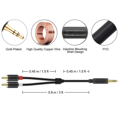 J&D RCA Cable, 3.5mm Male to 2 RCA Male Stereo Audio Adapter Y Splitter, Gold Plated, 3 Feet