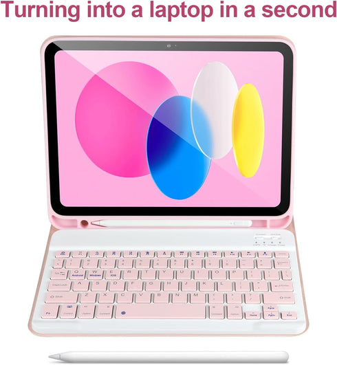 iPad 10th Generation Case with Keyboard, Detachable Bluetooth Keyboard Case with Pencil Holder, Pink