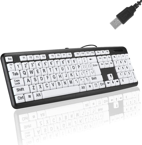 Large Print Keyboard, 104 Keys Wired USB High Contrast Keyboard with Oversized Print Letters for Visually Impaired