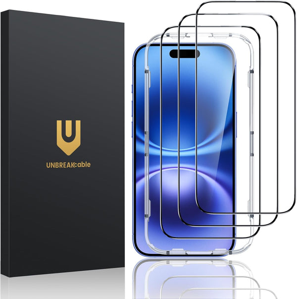 UNBREAKcable 3 Pack Screen Protector for iPhone 16, Military Grade Shatterproof, Easy Installation Tool