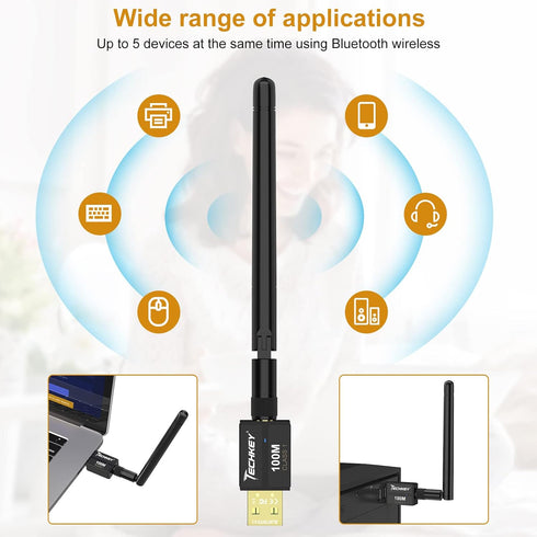 Long Range USB Bluetooth 5.3 Adapter for Desktop PC, 328FT Wireless Transfer for Mouse, Keyboard, Headphones -