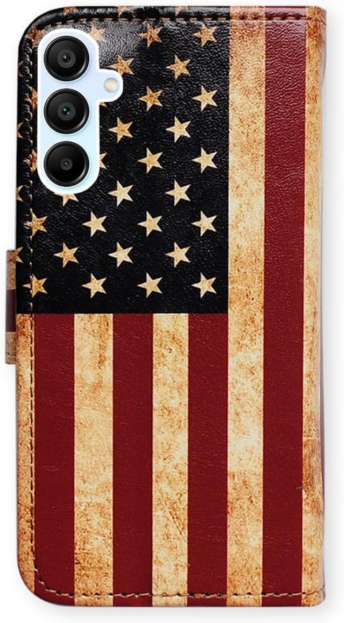 Bcov Retro American Flag Leather Flip Wallet Case for Samsung Galaxy A15 5G, Card Slot Holder Kickstand