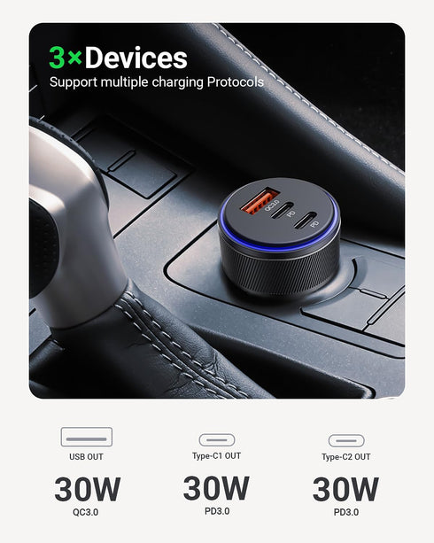 USB C Car Charger 90W 3-Port Dual USB-C & USB-A Power Adapter with Fast Charging Cable for iPhone 15/14/13/12/11
