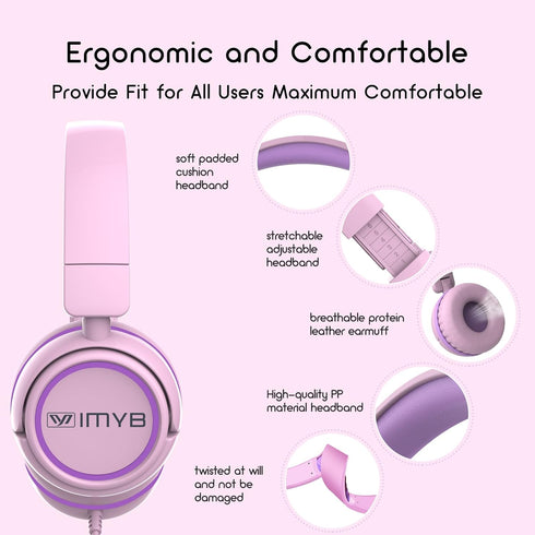 Kids Headphones V1 Wired Stereo Foldable On-Ear Headphones for School/Toddlers/Teens, Pink