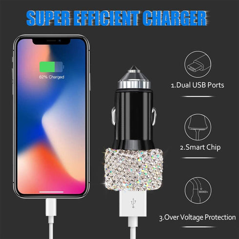 Dual USB Car Charger, 5V/2.4A Bling Fast Charge Dual Port USB Car Adapter, Compatible with All Chargers