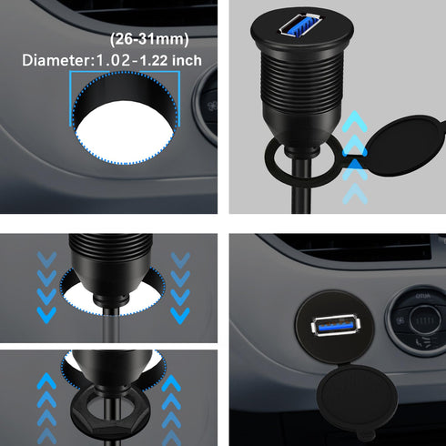 3.0 3ft BATIGE Single Port USB Male to Female AUX Car Mount Flush Cable Waterproof Extension for Car Truck Boat