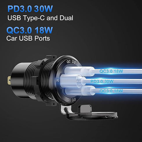 2 Pack 12V USB Outlet Wire Aluminum Car Charger Multi Port, Dual USB Quick Charge 3.0 & PD USB C Socket with Voltmeter