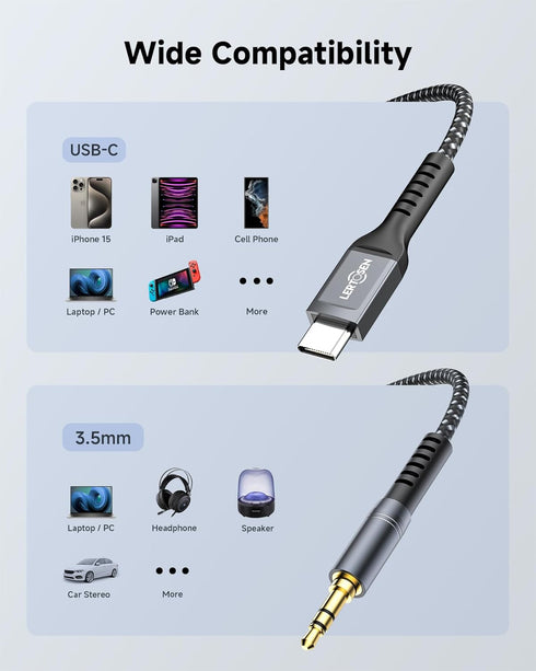 USB C to 3.5mm Audio Aux Jack Cable, (2-Pack) Type C Adapter to 3.5mm Headphone Dongle Cable Compatible with iPhone 15