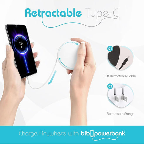 Retractable USB-C Cable, Portable Wall Charger & Fast Charge Power Bank - All in One for iPhone 15 & Samsung