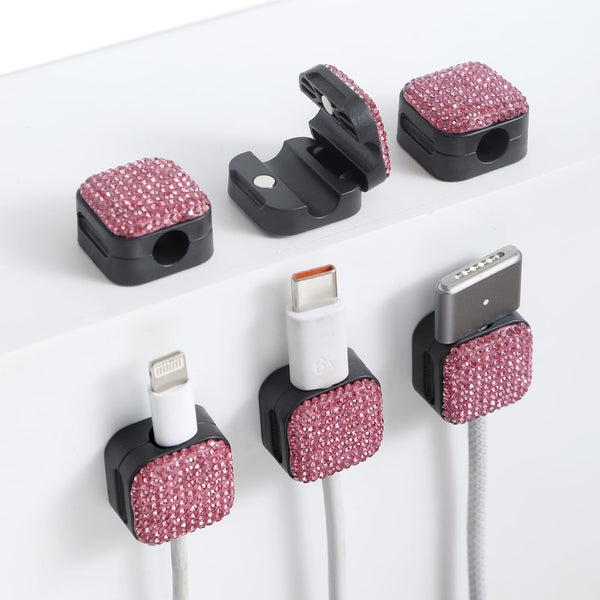 Sparkly Diamond Cord Organizer Holder, 6 Pack Magnetic Desk Cable Clips, Strong Adhesive Wire Charger Holder