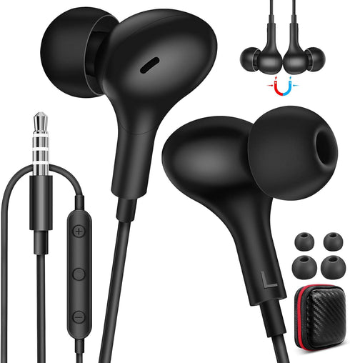 Wired Earbuds Noise Cancelling 3.5mm Headphones for PC, Ear Buds with Mic, Magnetic Plug in Earphones for Samsung