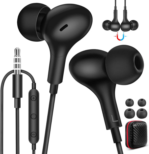 Wired Earbuds Noise Cancelling 3.5mm Headphones for PC, Ear Buds with Mic, Magnetic Plug in Earphones for Samsung