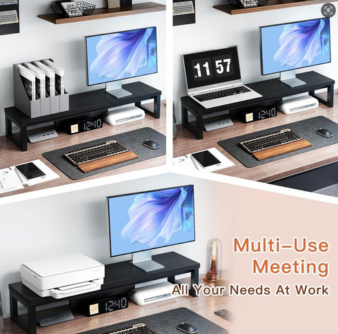 HEWORLIF Dual Monitor Stand Riser, Wood and Steel Monitor Stand for Desk, Multi-Purpose Desk Shelf Organizer
