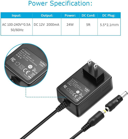 Belker 12V AC Adapter Charger, 2A 1.5A Power Supply for 12 Volt Electronics - 2000mA Max