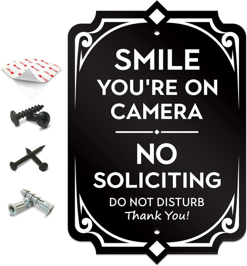 Smile You’re on Camera Door Sign - No Soliciting Security House Sign, 6.25” X 4.25”, Heavy-Duty Weather-Resistant,