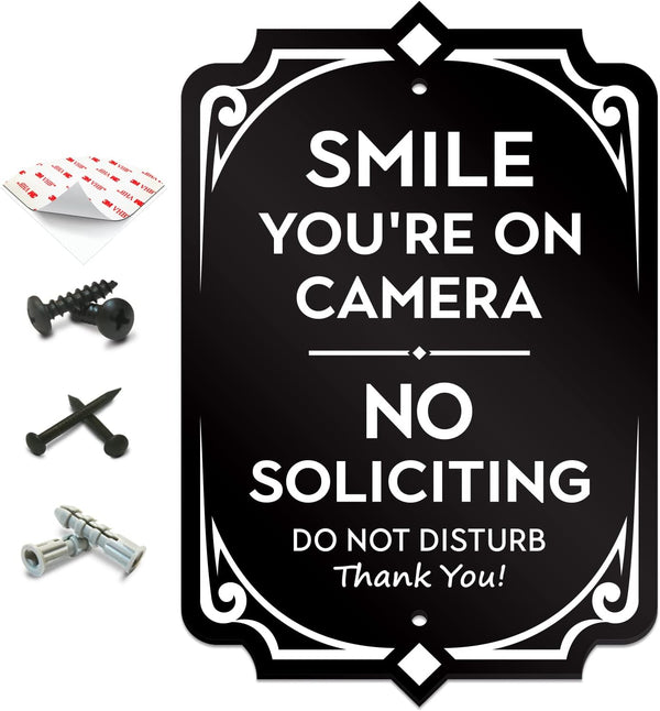 Smile You’re on Camera Door Sign - No Soliciting Security House Sign, 6.25” X 4.25”, Heavy-Duty Weather-Resistant,