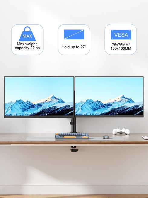 suptek 2 27 inch, 22 lbs 75x75/100x100 mm, (MD9442) Dual Monitor Desk Mount, Adjustable Dual Monitor Arm for Computer
