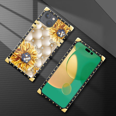 Diamond Sunflower iPhone 15 Plus Case for Women, 6.7" Soft TPU & Hard PC, Shockproof Luxury Protection.