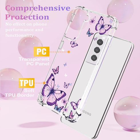 for Samsung Galaxy S21 FE Case, Alluring Purple Butterfly Pattern Slim Hard Cover, Shockproof Protective Women Phone -
