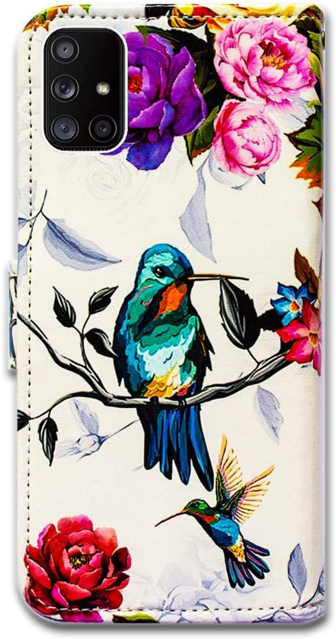 Case for Galaxy A71 5G, Hummingbird in Flowers Leather Flip Wallet Cover with Card Slot Holder Kickstand