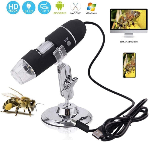 USB Digital Microscope, 1600x Magnification Endoscope Camera with Metal Stand for Windows, Android, and Mac