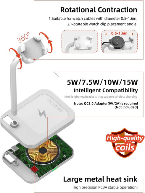 2 in 1 Wireless Charger Stand for Samsung/Apple/Google, Charging Dock for Huawei GT/Samsung Galaxy/Pixel/Garmin