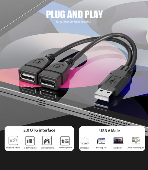 USB Cable, 2-Port USB 2.0 Male to Female Splitter, High-Speed Charging & Data Transfer for Laptop, Car, Mac, TV, PC,