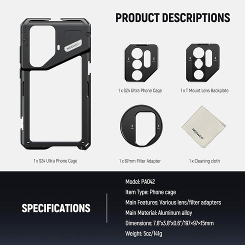 Neewer S24 Ultra Phone Cage with 67mm Filter Adapter, 17mm Lens Backplate, T Mount Lens Adapter, Cleaning Cloth