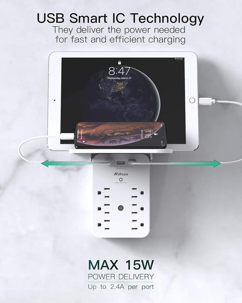 Wall Outlet Extender with Surge Protector, 6 AC Outlets, Shelf, 2 USB & USB C Charging Ports