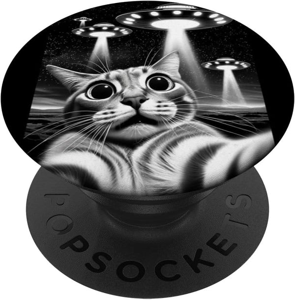 Cat UFO | Funny Invasion Meme Retro Alien Cat UFO Selfie PopSockets Standard PopGrip