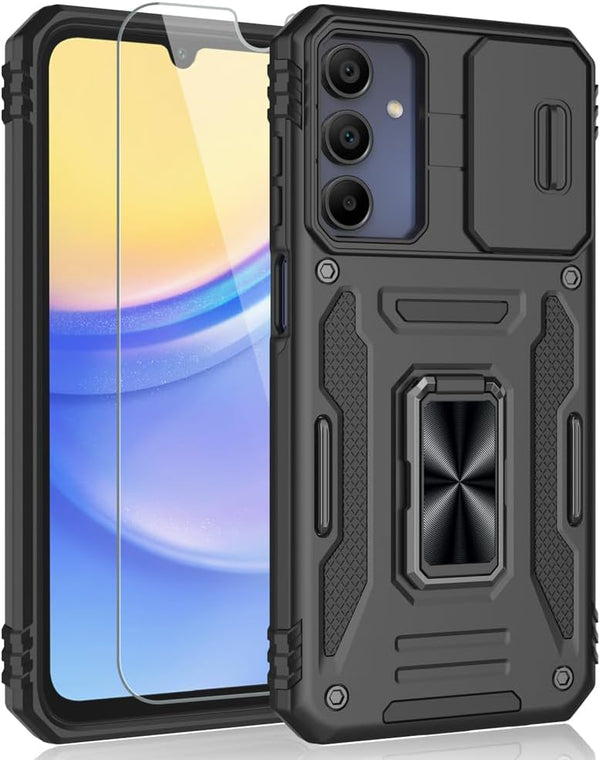 Shockproof Phone Case & Sliding Camera Cover & Ring Holder Kickstand with Screen Protector for Samsung Galaxy A15 5G