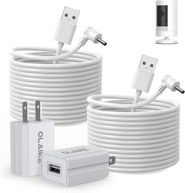 OLAIKE 2 Pack 8m/26ft Charge Cable for Ring Stick Up Cam Battery/Plug-in & Ring Spotlight Cam Battery, White