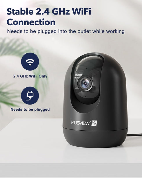 MUBVIEW Indoor Security Camera, 2.4G WiFi Wired Home Security, Motion Tracking, Two-Way Audio, 2K Night Vision PK320B-D