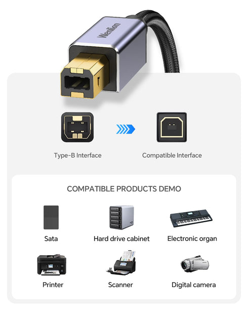 10ft 2.0 USB Printer Cable, USB A to B Cable with Ferrite Bead, Gold-Plated Connector, Nylon Braided Cord Compatible