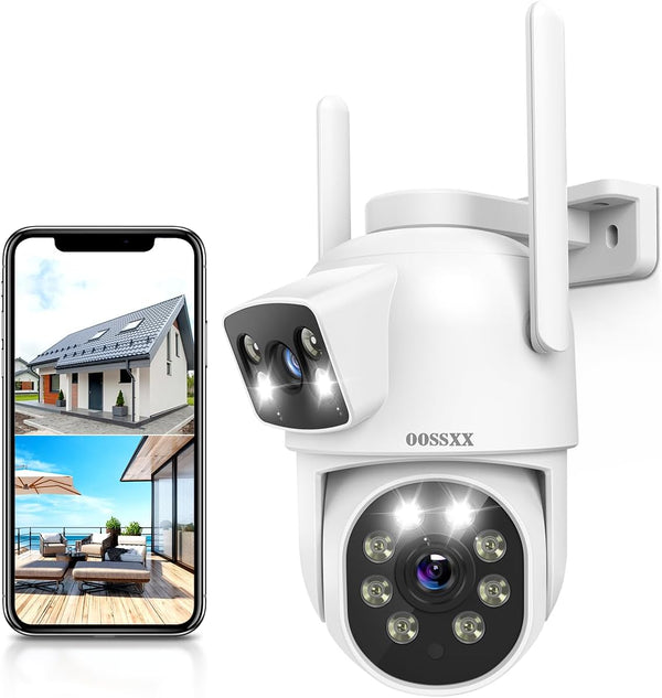 OOSSXX Dual Lens Security Cameras Outdoor System, Wireless WiFi PTZ Camera, 2-Way Audio, Color Night Vision