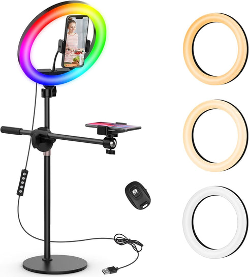Overhead Phone Camera Mount with Ring Light - Content Creator Kit with 10.5" RGB Ringlight, Desk Stand & Tripod