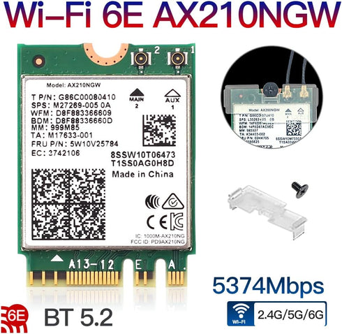 Wi-Fi 6E AX210NGW Wireless WiFi Card BT5.2 M.2 2230 Tri-Band Expands WiFi to 6GHz 160MHz 802.11ax ac MU-MIMO AX210 AX5400Mbps wifi 6E Network Card Better AX200NGW for PC Laptops Only for Windows 10 11