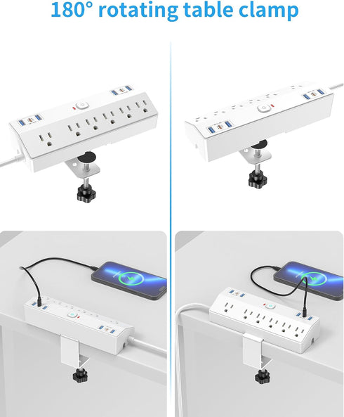 Fararaka 40W 6 6USB (2USB 1.8" 10Ft Desk Clamp Power Strip, Fast Charging Station, Desktop Mount Surge Protect