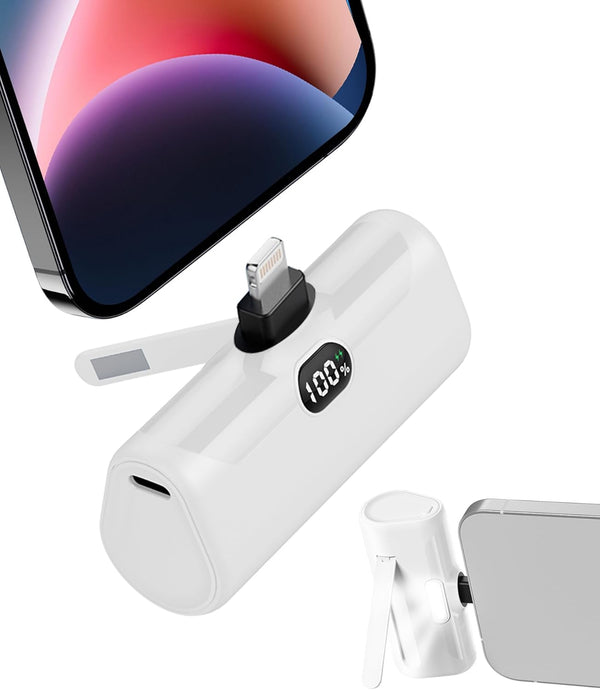 White Mini Portable Charger for iPhone with Built-in Metal Stand, 5000mAh 15W PD Fast Charging Power Bank