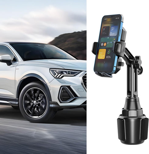 Sandfren 360 Car Cup Phone Holder, Rotation Carbon Fiber Vehicle Cup Cellphone Holder with Long & Adjustable Neck, Auto