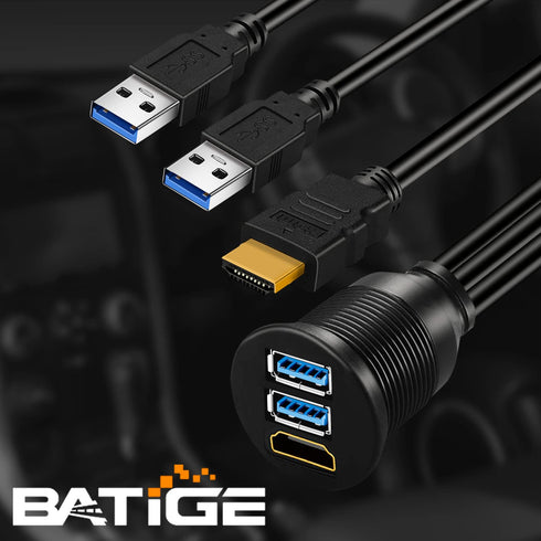 BATIGE 3ft Dual USB 3.0 & HDMI Flush Mount Extension Cable for Car, Truck, Boat, Motorcycle - USB 3.0 Dash Mount
