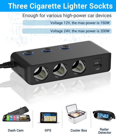 Car Charger Splitter 200W, Qidoe 3 Socket Cigarette Lighter Adapter with PD30W USB-C & QC3.0 Multi USB Car Charger DC Outlet Cigarette Splitter Power Switches Voltmeter for GPS Dash Cam Phone