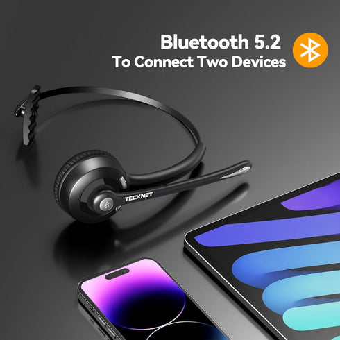 TECKNET Bluetooth Headset, Wireless On Ear Headphones with Noise Cancelling Microphone for Trucker, Hand Free Wireless Headset with Mute Mic for Work, Cellphone, PC, Home, Office, Call Center