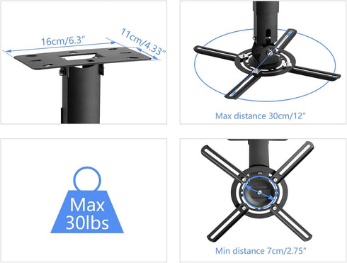 suptek Projector Ceiling Mount Bracket, Adjustable Height 30.7-49.21inch for LCD/DLP Projectors, Black