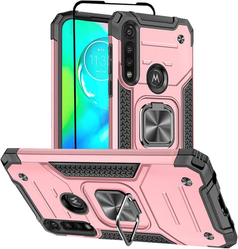 Moto G Power Case with Screen Protector, Tough Shockproof Hard Rubber Bumper with 360 Rotation Ring Kickstand
