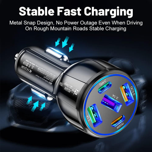75W Ultra-Fast Car Charger, 30W/QC3.0/Type C 5-Port Smart Shunt Car Adapter Compatible with iPhone 14 Pro MAX/13
